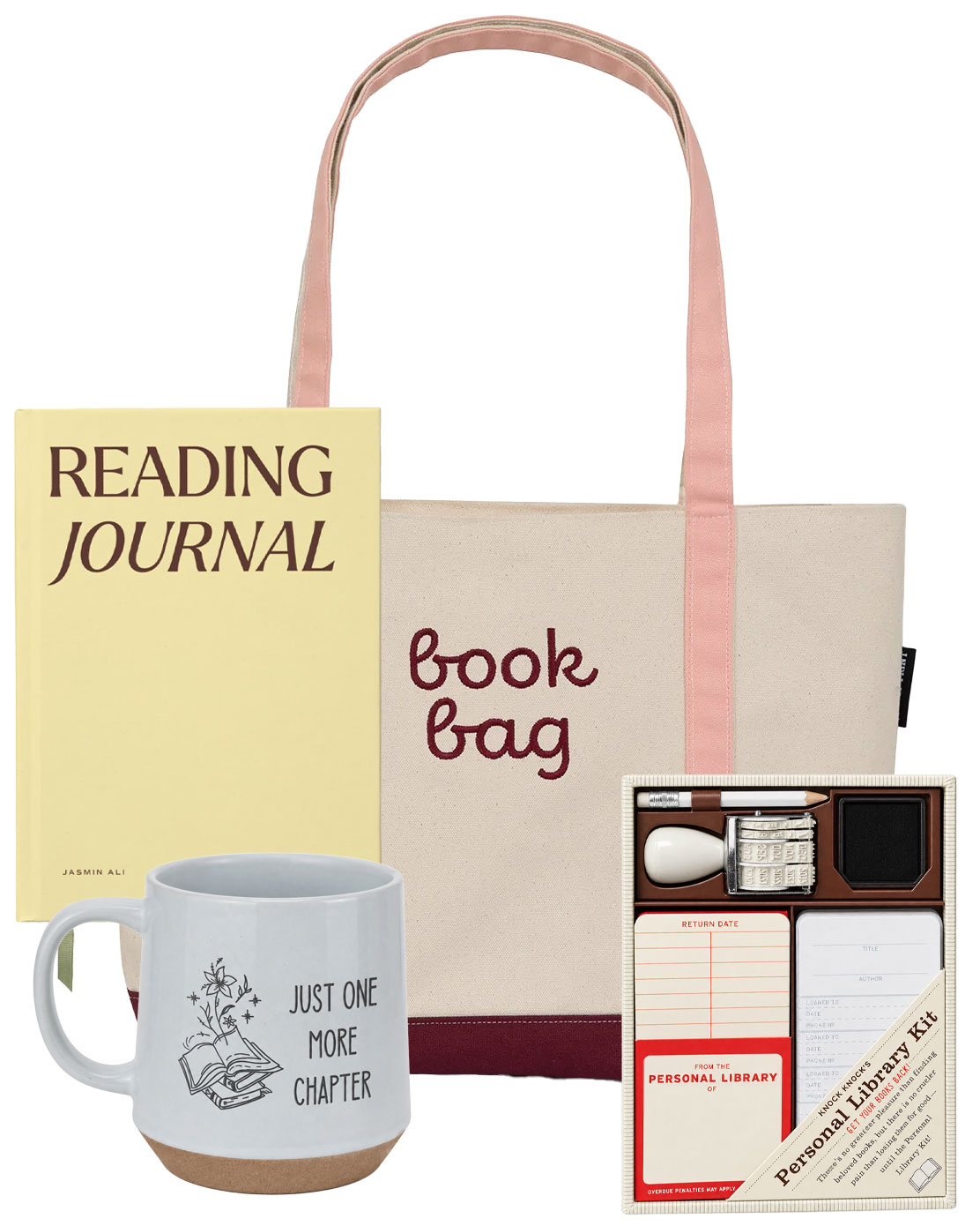 Prize Package 2: book bag, reading journal, personal library kit, and mug