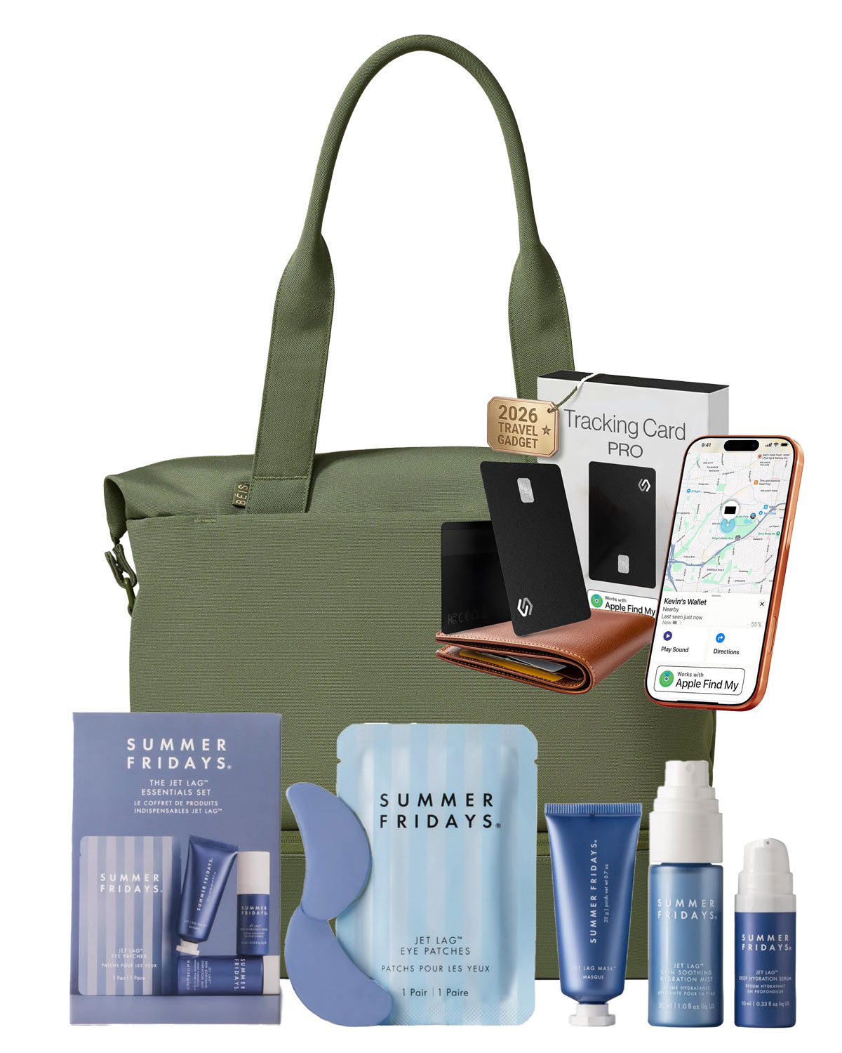 Prize Package 1: Beis travel tote, Summer Fridays Jet Lag travel set, and Tracking Card Pro